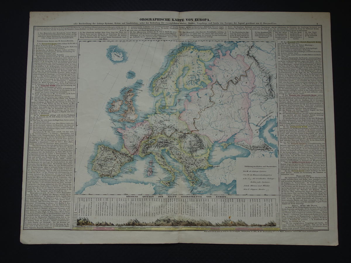 EUROPA grote oude kaart bergen van Europa uit 1840 originele antieke landkaart gebergten Europees continent hoogste bergtoppen Alpen Karpaten vintage print