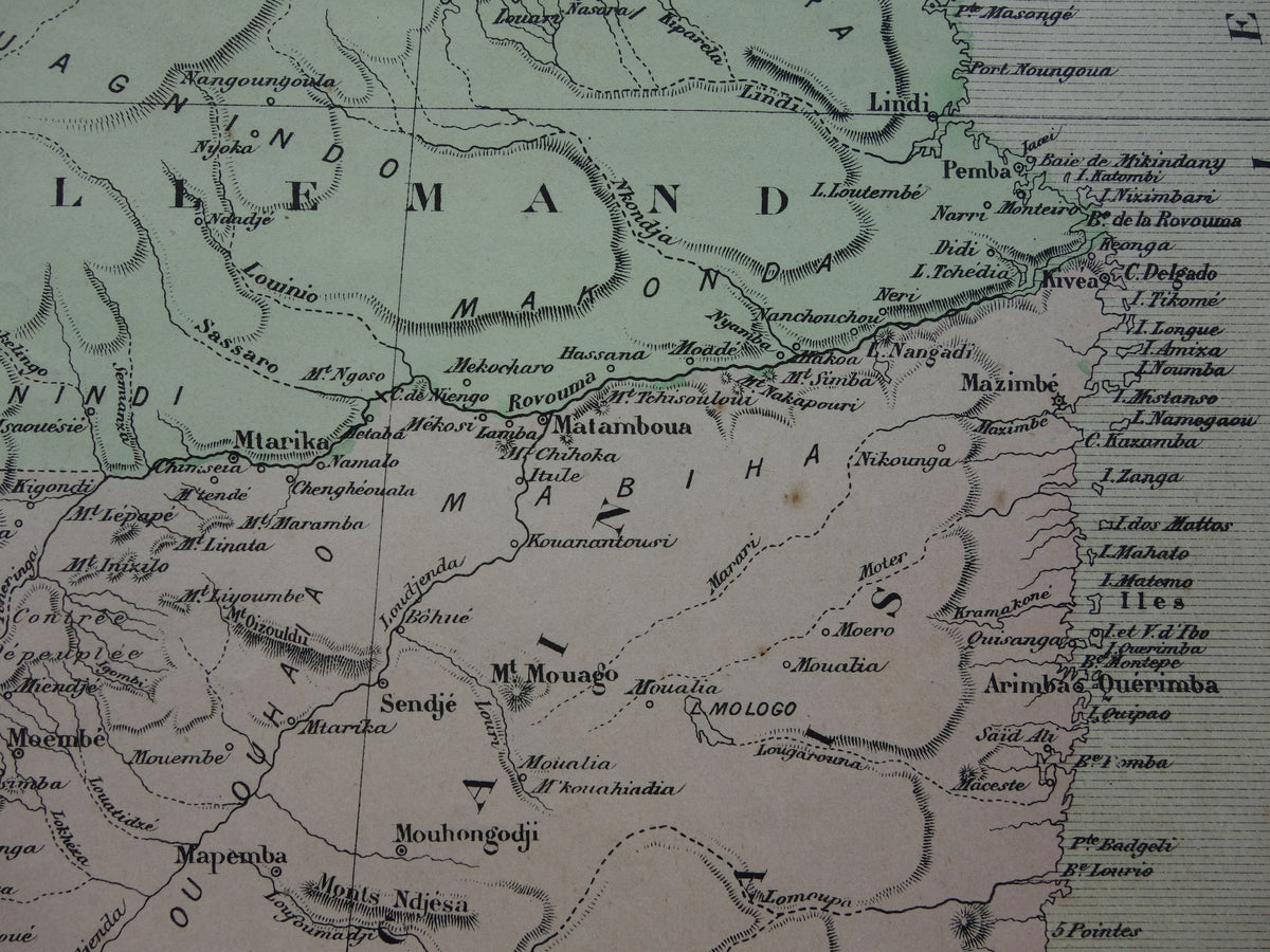 Mozambique Oude kaart van Mozambique Malawimeer uit 1896 antieke handgekleurde landkaart Lake Malawi