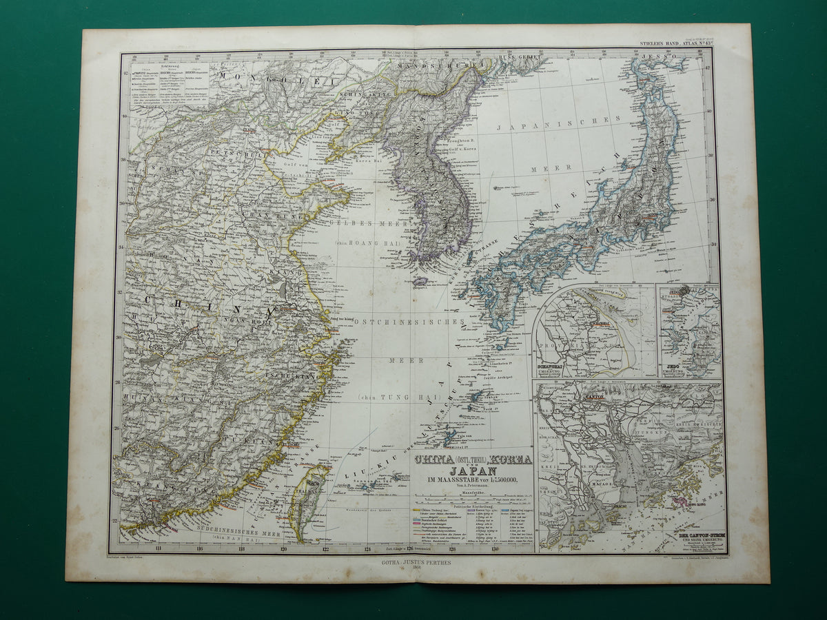 Oude kaart van Korea China en Japan uit 1868 Originele antieke landkaart vintage poster met jaartal