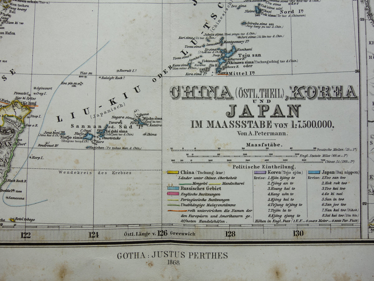 Old map of Korea, China and Japan from 1868 Original antique map vintage poster with year
