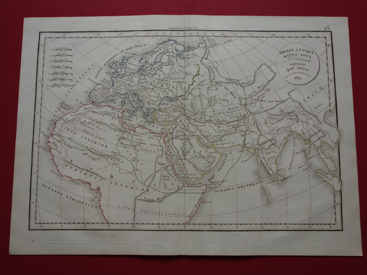 Ptolemaeus oude wereldkaart uit 1832 kaart van de klassieke wereld originele antieke handgekleurde landkaart met jaartal geschiedeniskaart