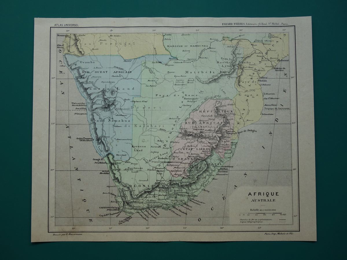 SOUTH AFRICA Old map of South Africa from 1896 antique hand-colored map Cape Colony Transvaal