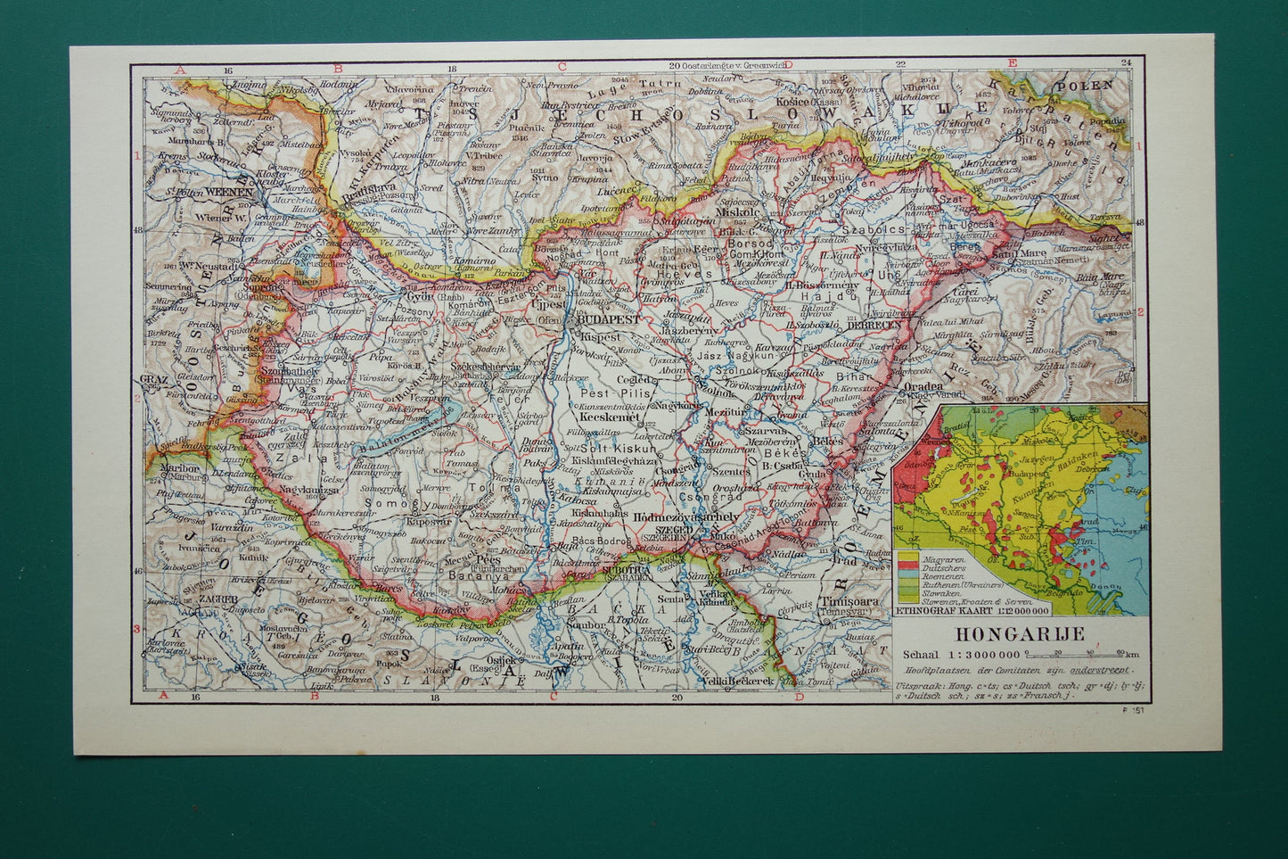 1935 old vintage map of Hungary for sale