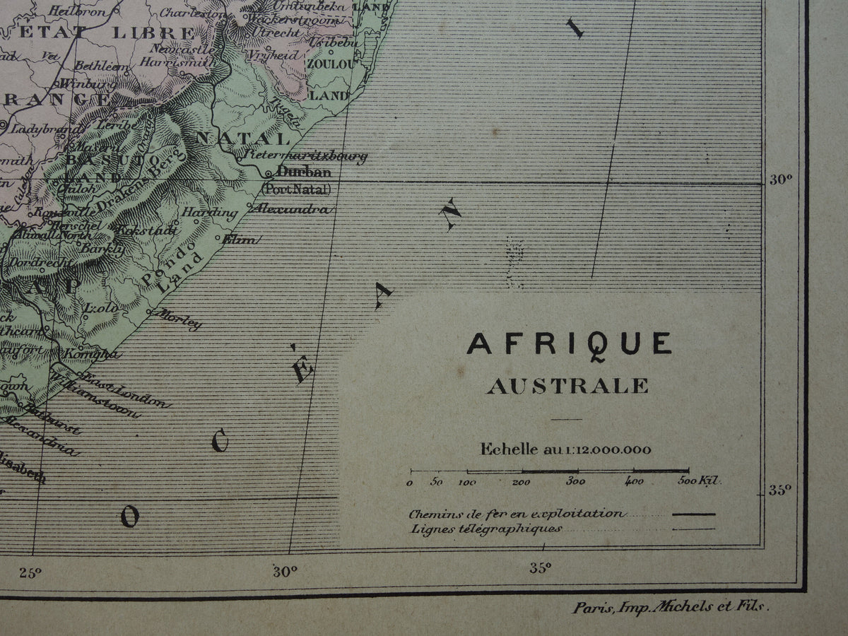 SOUTH AFRICA Old map of South Africa from 1896 antique hand-colored map Cape Colony Transvaal
