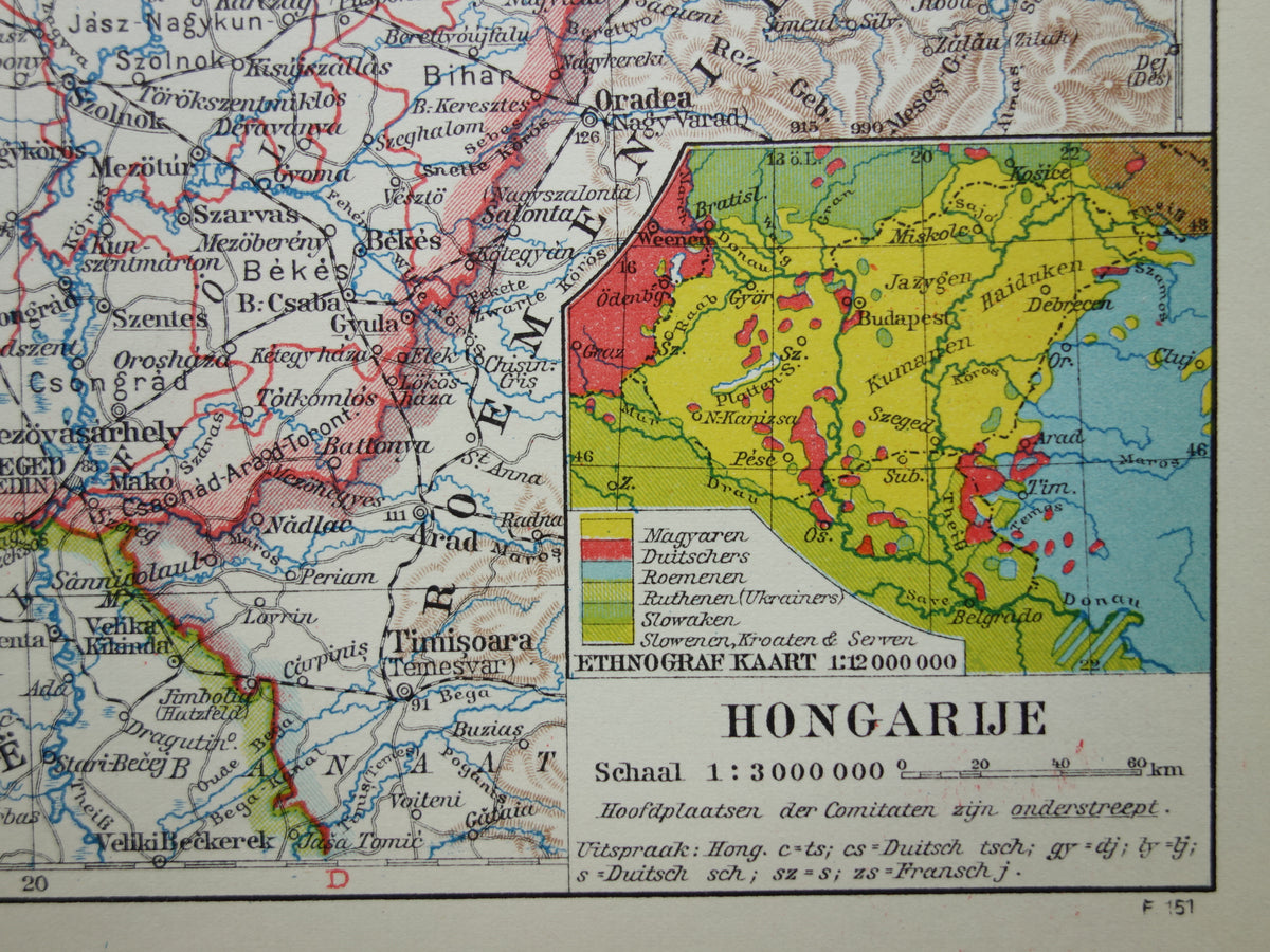 UNGARN alte Karte von Ungarn aus dem Jahr 1935 kleine originale Vintage-Landkarte aus den Niederlanden mit ethnographischer Karte