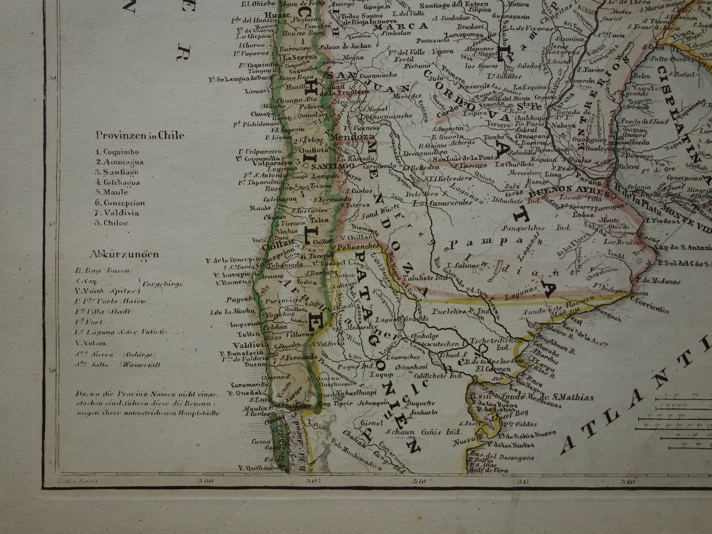 Alte Karte von Südamerika mit Patagonien aus dem Jahr 1850, originale antike Karte von Argentinien, Chile, Uruguay und Paraguay mit Datumsangabe.