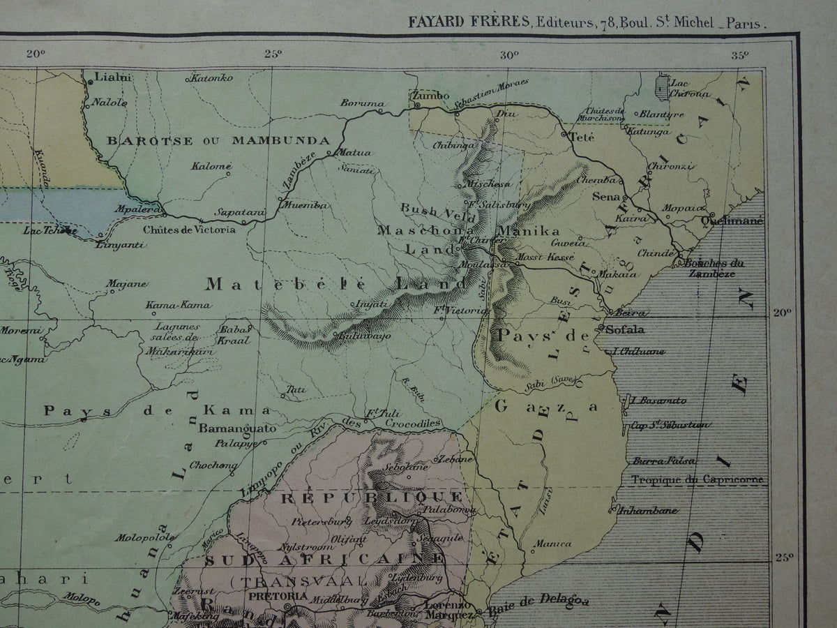 SOUTH AFRICA Old map of South Africa from 1896 antique hand-colored map Cape Colony Transvaal