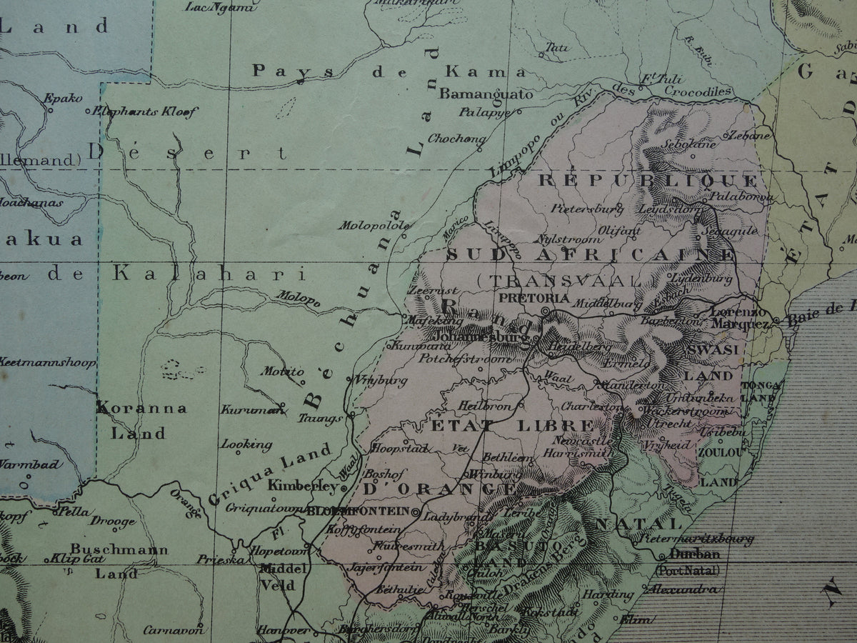 SOUTH AFRICA Old map of South Africa from 1896 antique hand-colored map Cape Colony Transvaal