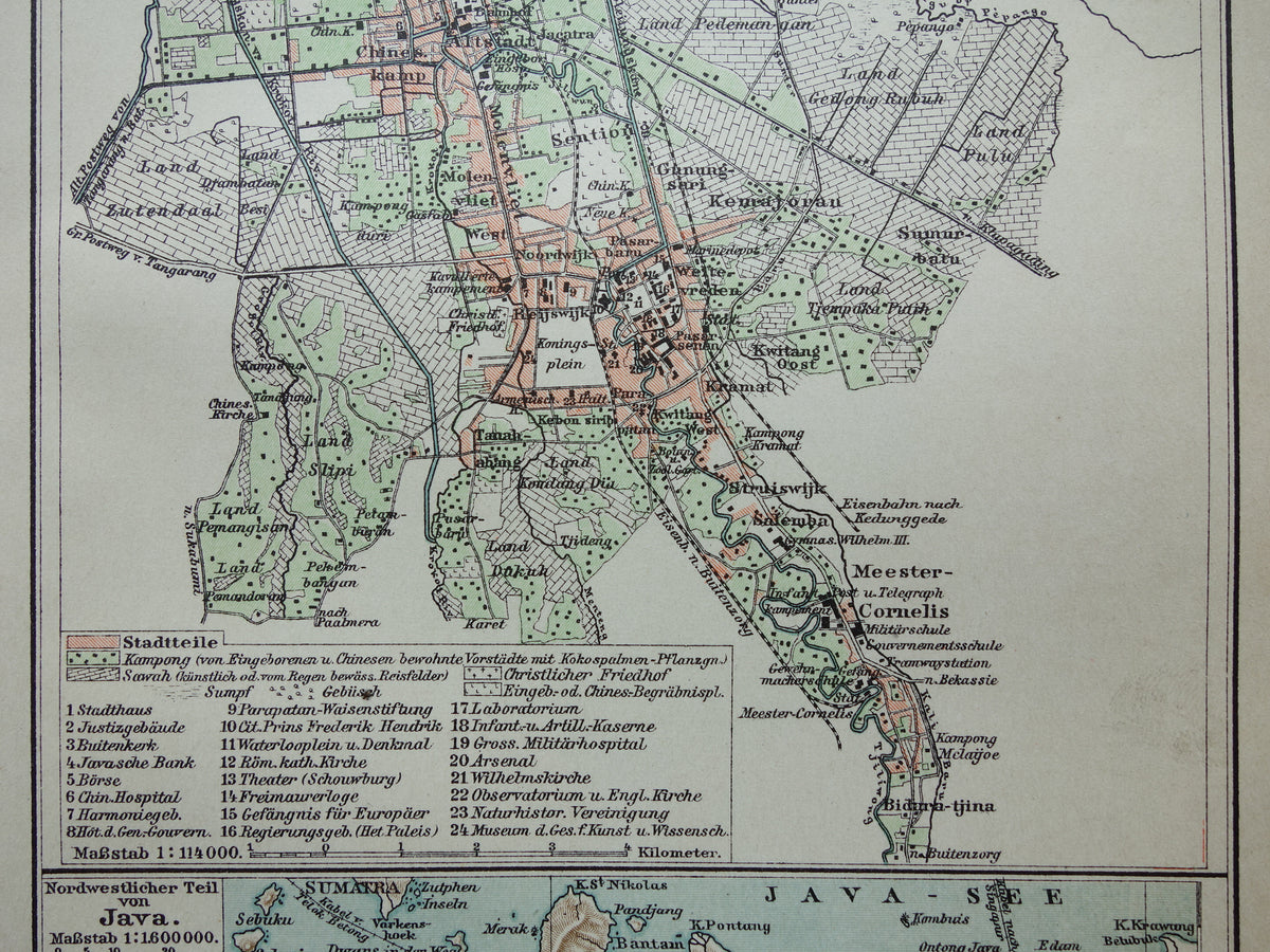 Antieke kaart van Jakarta Indonesië 1901 kleine originele oude plattegrond Batavia vintage kaarten met jaartal