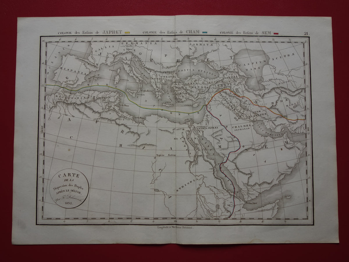 Oude Bijbelse kaart uit 1832 verspreiding zonen van Noach na de zondvloed - originele antieke handgekleurde landkaart met jaartal