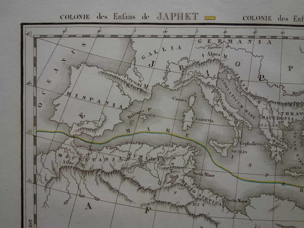 Old Biblical map from 1832 distribution of sons of Noah after the flood - original antique hand-colored map with date