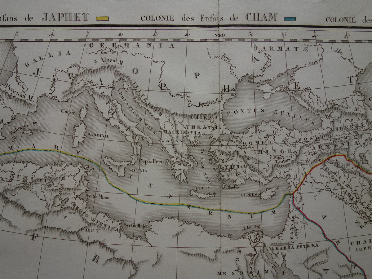 Old Biblical map from 1832 distribution of sons of Noah after the flood - original antique hand-colored map with date