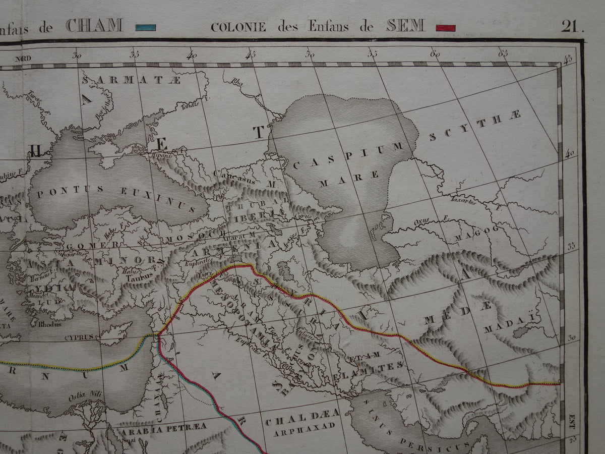 Old Biblical map from 1832 distribution of sons of Noah after the flood - original antique hand-colored map with date