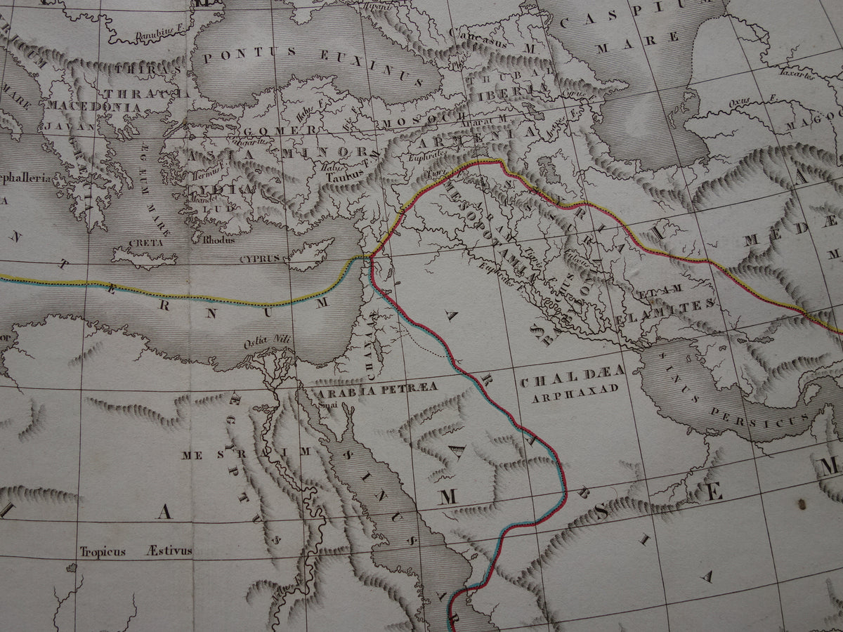 Old Biblical map from 1832 distribution of sons of Noah after the flood - original antique hand-colored map with date