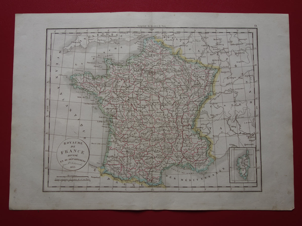 FRANKRIJK oude Franse kaart van Frankrijk uit 1833 originele antieke handgekleurde landkaart Franse departementen