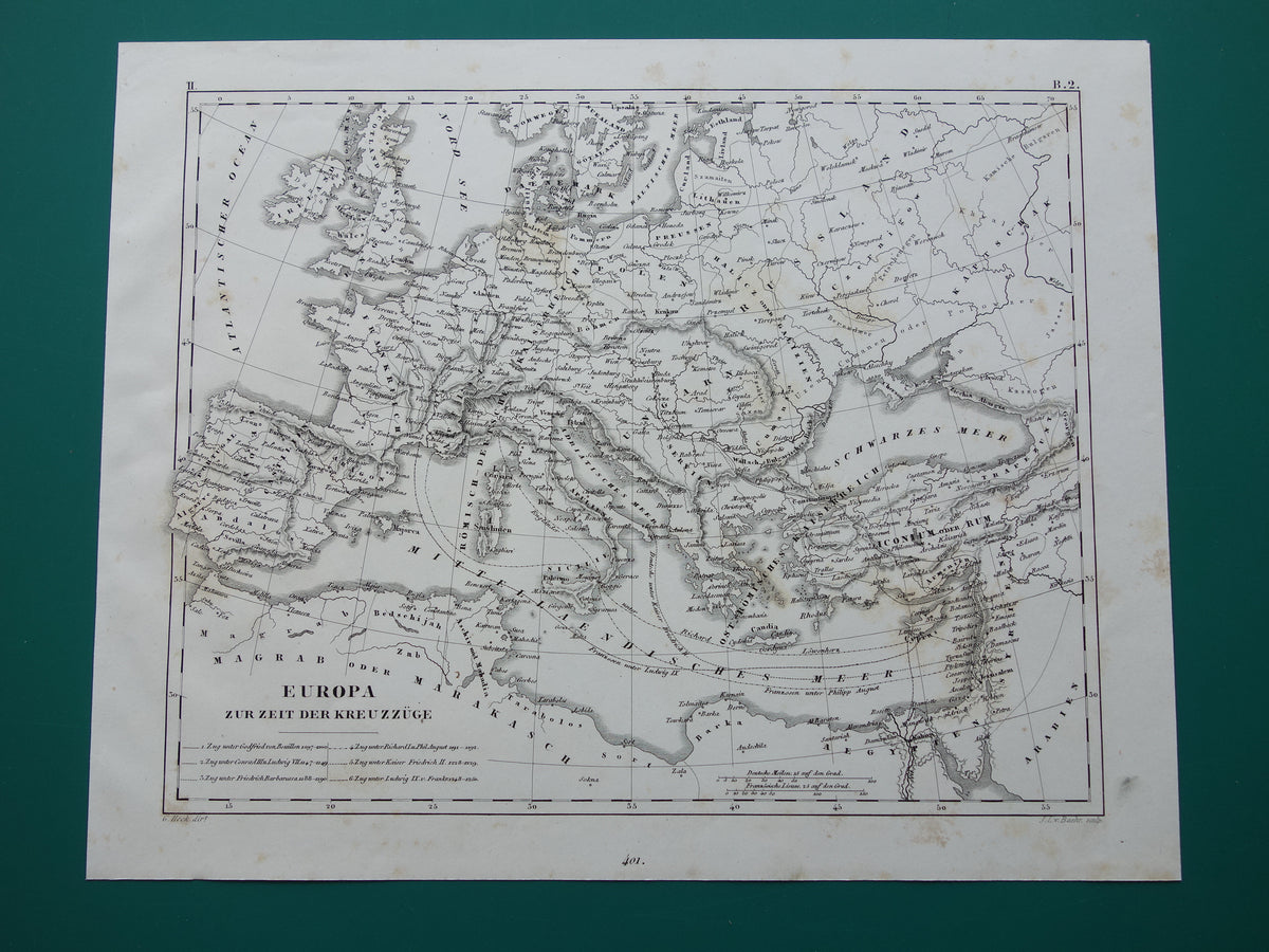 Antieke kaart van EUROPA tijdens kruistochten 175+ jaar oude landkaart van continent uit 1849 - originele vintage historische kaarten