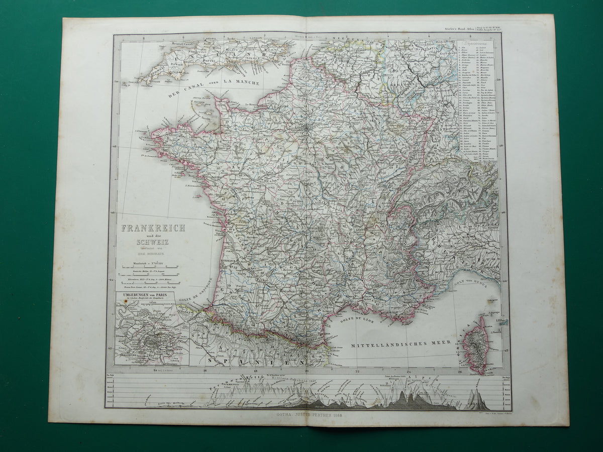 FRANKRIJK oude landkaart van Frankrijk 1868 originele oude handgekleurde kaart met jaartal