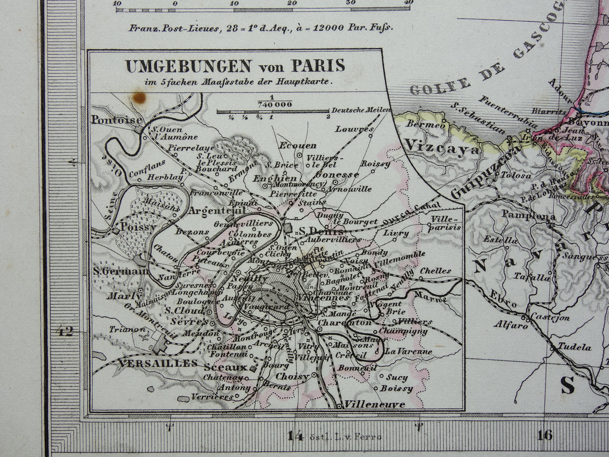 FRANKRIJK oude landkaart van Frankrijk 1868 originele oude handgekleurde kaart met jaartal