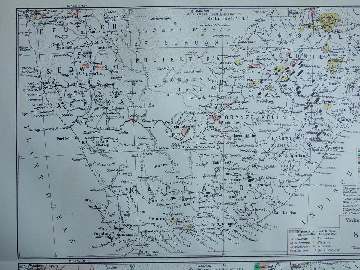 SÜDAFRIKA alte geologische Karte von 1909 antike Landkarte Rohstoffe Mineralien Südafrika Vintage-Druck