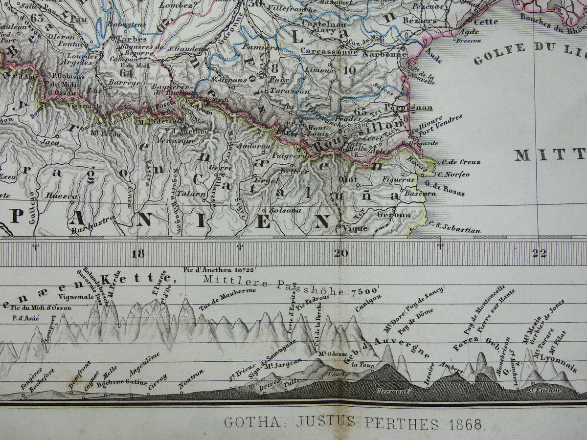 FRANKRIJK oude landkaart van Frankrijk 1868 originele oude handgekleurde kaart met jaartal
