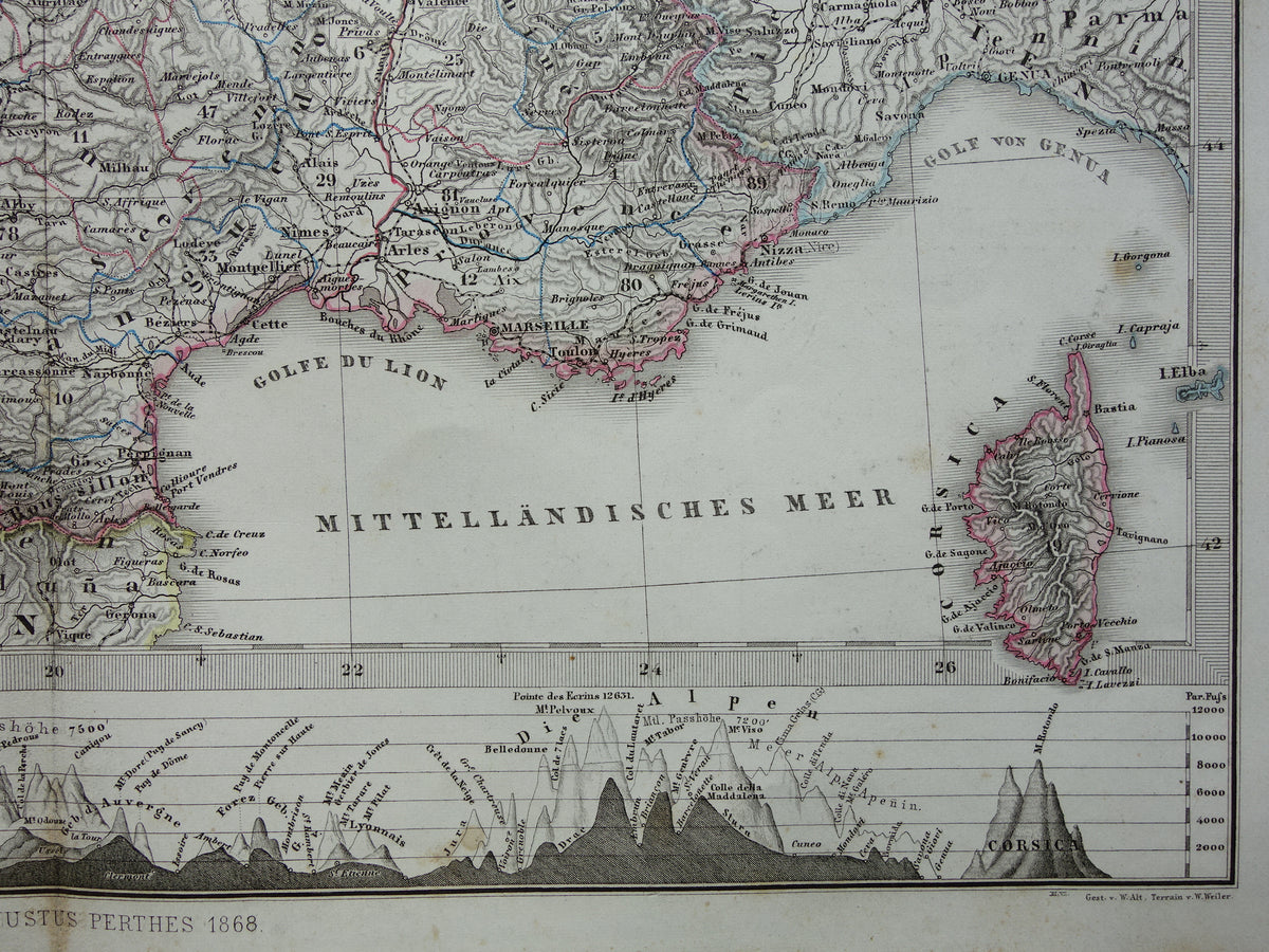 FRANKRIJK oude landkaart van Frankrijk 1868 originele oude handgekleurde kaart met jaartal