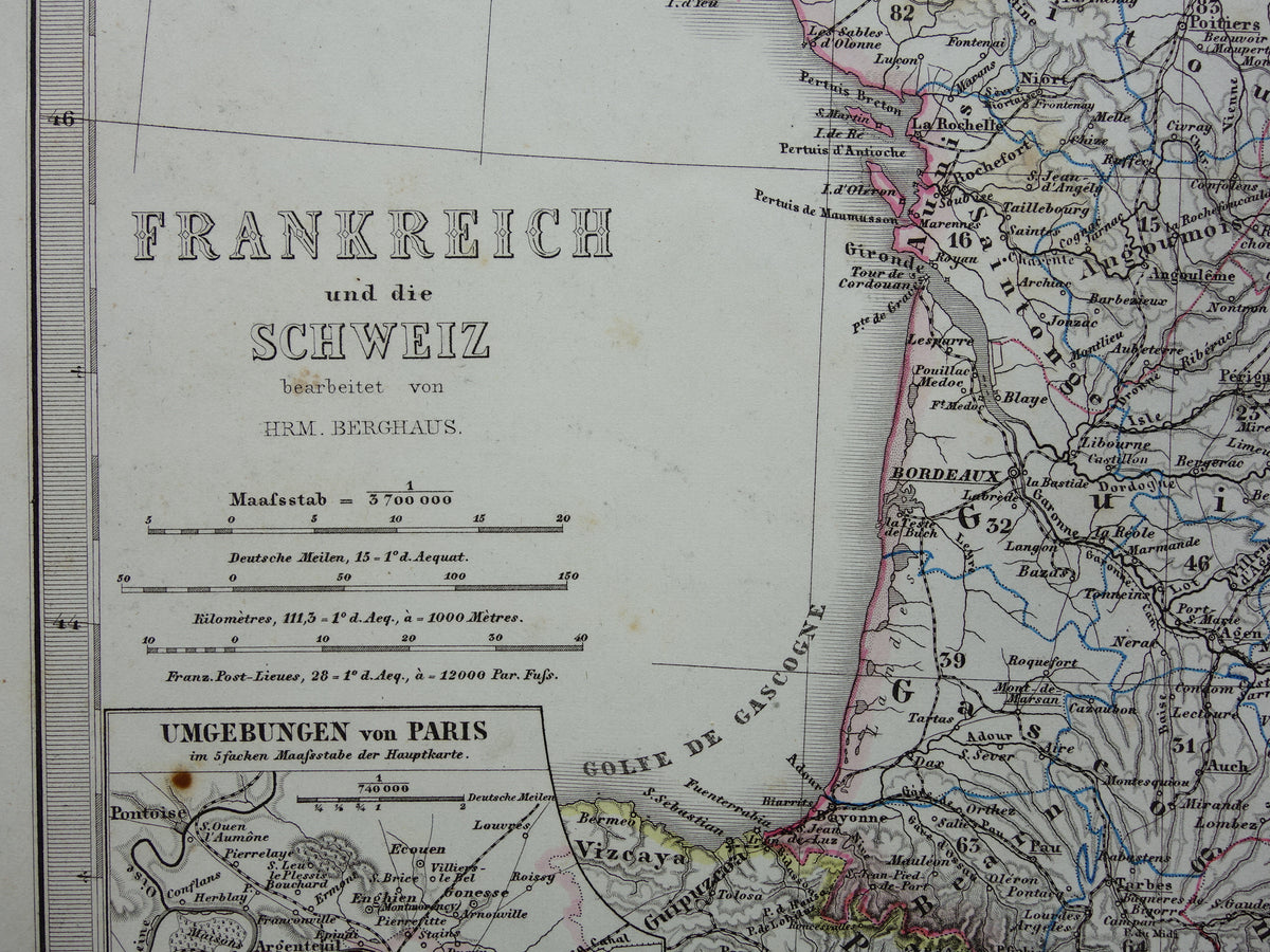 FRANKRIJK oude landkaart van Frankrijk 1868 originele oude handgekleurde kaart met jaartal