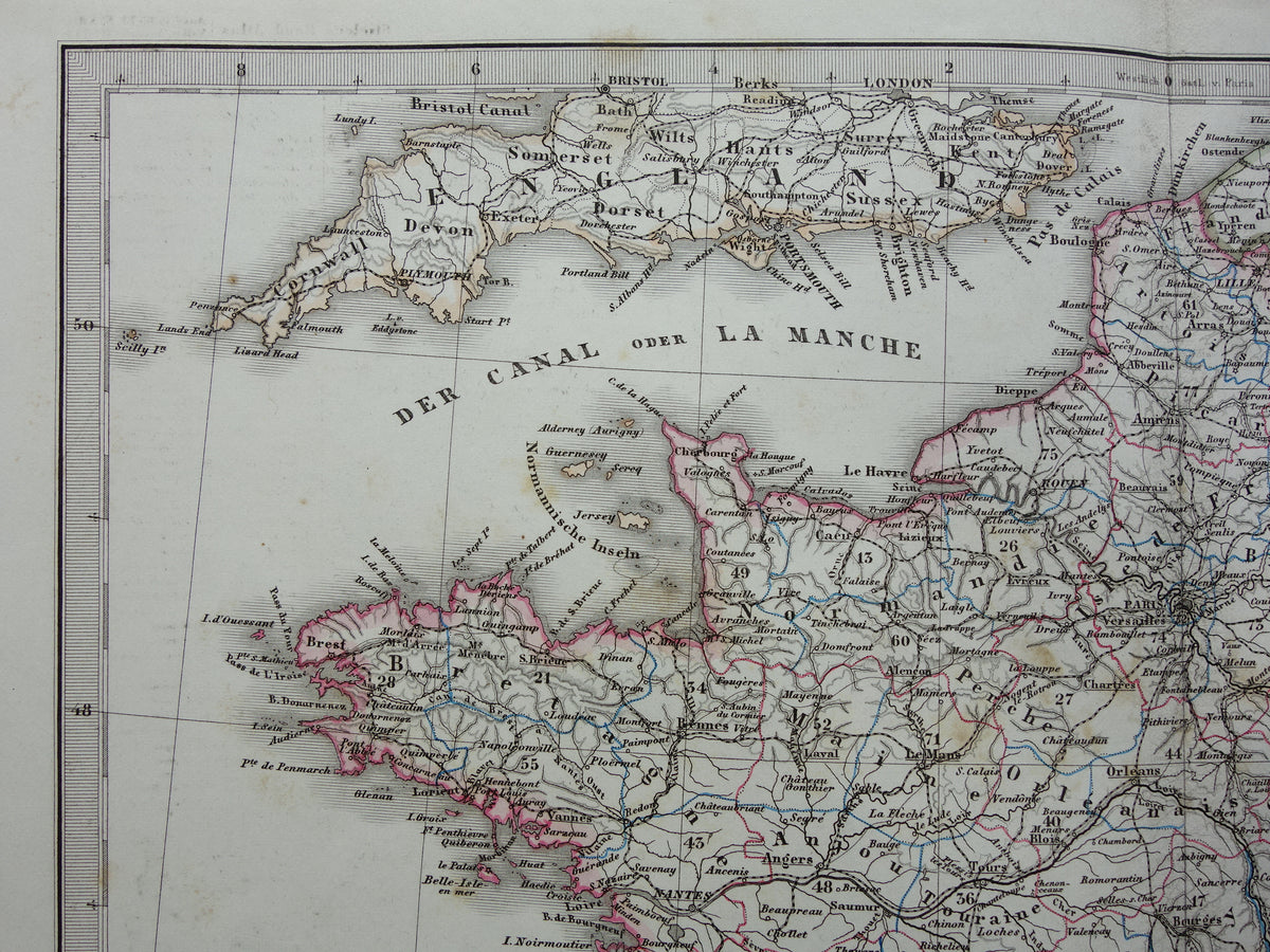 FRANKRIJK oude landkaart van Frankrijk 1868 originele oude handgekleurde kaart met jaartal