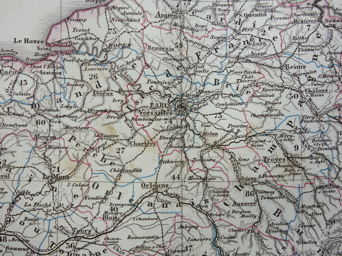 FRANKRIJK oude landkaart van Frankrijk 1868 originele oude handgekleurde kaart met jaartal