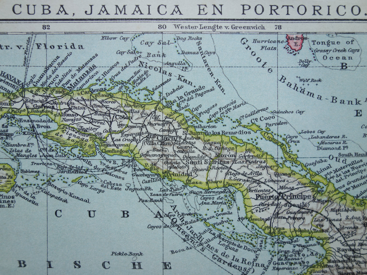 CUBA Oude landkaart van Cuba en Jamaica Klein formaat Nederlandse kaart