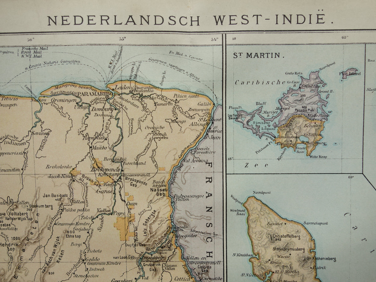 Suriname oude kaart uit 1911 originele antieke Nederlandse landkaart van Suriname en Caraïbisch gebied West-Indië