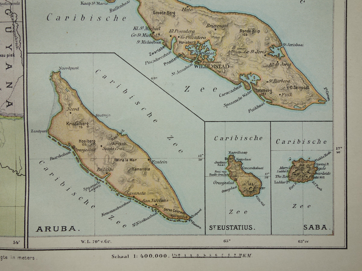 Suriname oude kaart uit 1911 originele antieke Nederlandse landkaart van Suriname en Caraïbisch gebied West-Indië