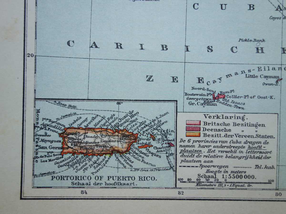 CUBA Oude landkaart van Cuba en Jamaica Klein formaat Nederlandse kaart