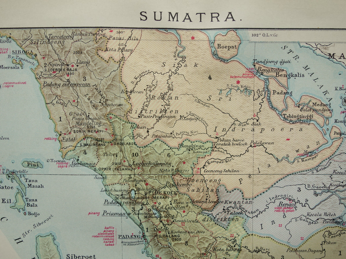 Sumatra alte Karte von Sumatra Indonesien 1911 original antike niederländische Karte historische Karten Sumatra Medan Palembang