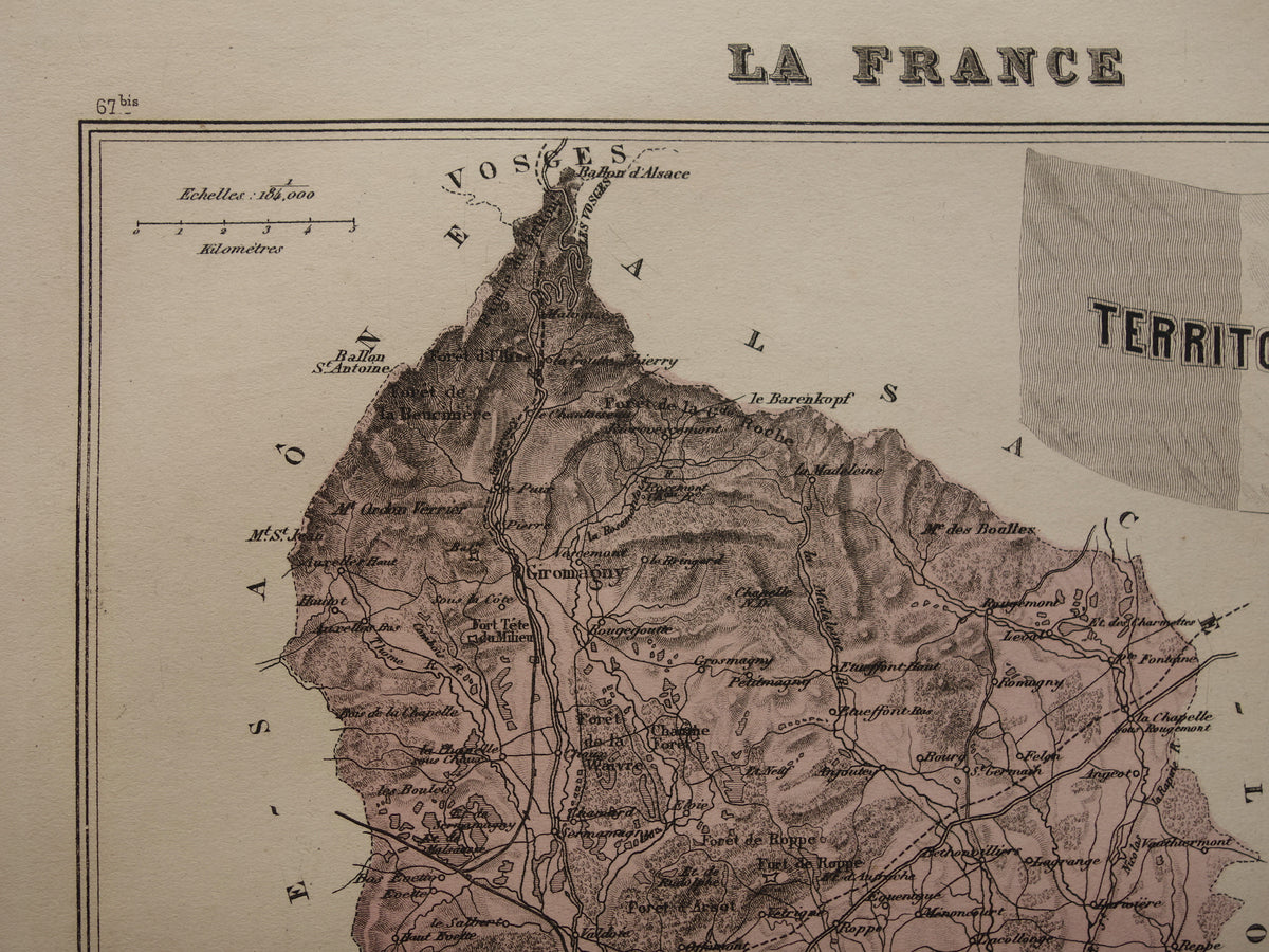Territoire de Belfort Old map of department in France from 1886 original antique hand-colored map Belfort