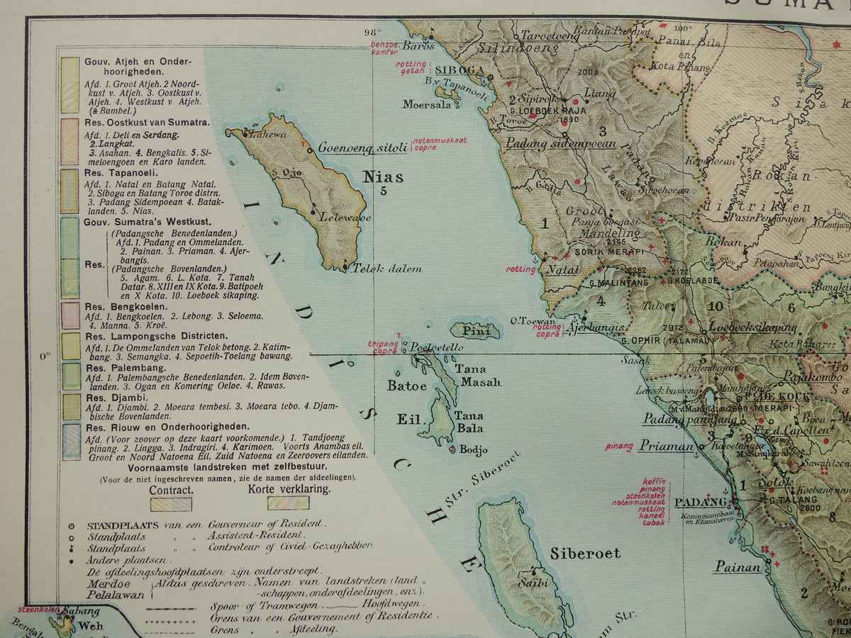 Sumatra alte Karte von Sumatra Indonesien 1911 original antike niederländische Karte historische Karten Sumatra Medan Palembang