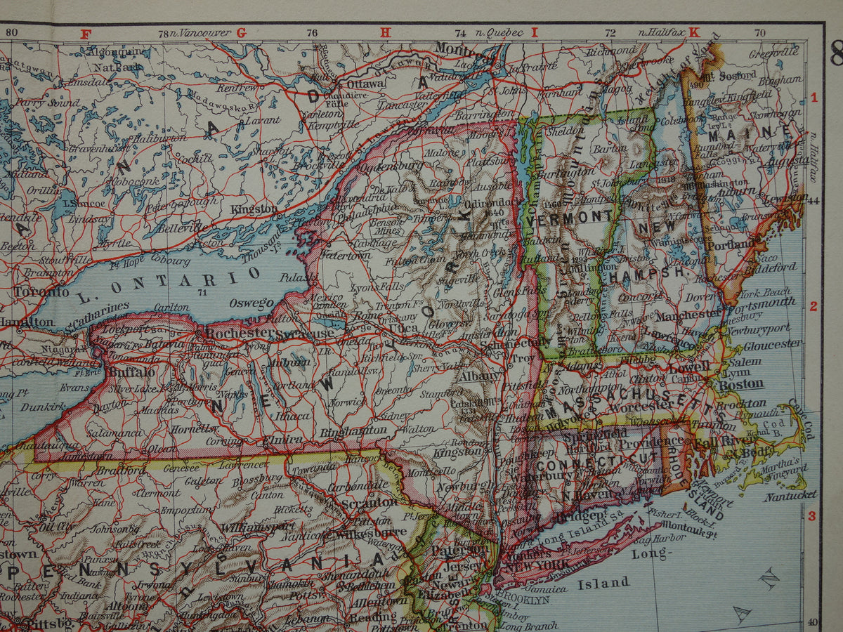 US old map of the United States Northeast 1931 original vintage map Michigan New York Carolina