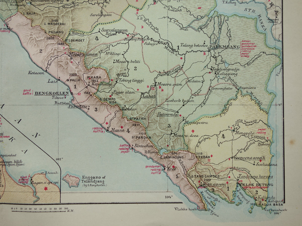 Sumatra alte Karte von Sumatra Indonesien 1911 original antike niederländische Karte historische Karten Sumatra Medan Palembang