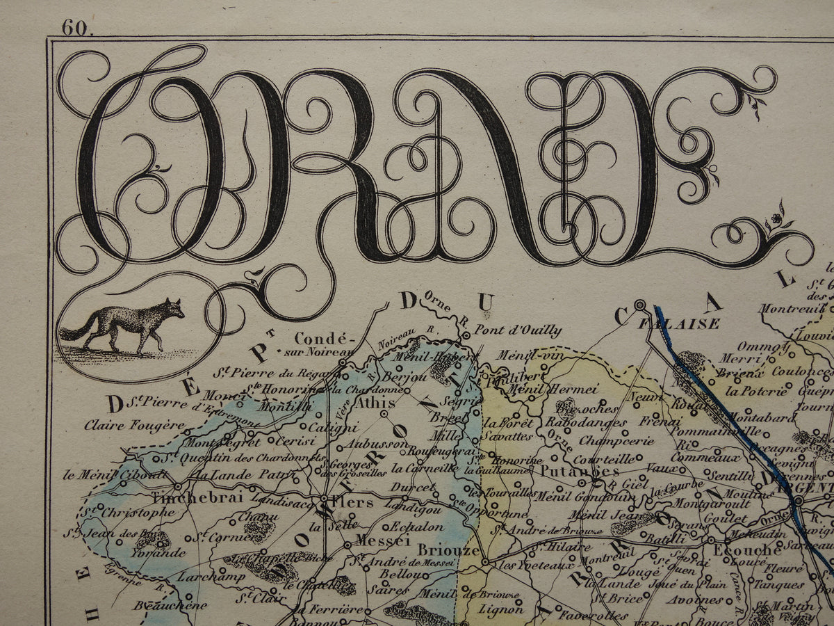 Old map of ORNE department in France from 1856 original antique hand colored map Alençon Fiers Argentan Sees