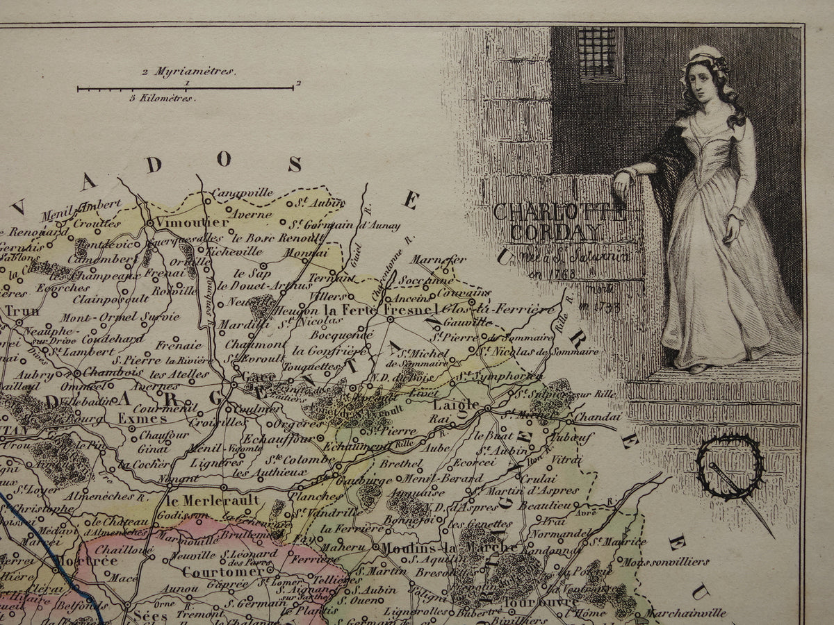 Old map of ORNE department in France from 1856 original antique hand colored map Alençon Fiers Argentan Sees