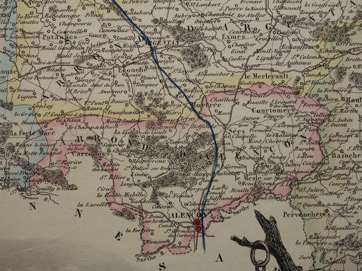 Old map of ORNE department in France from 1856 original antique hand colored map Alençon Fiers Argentan Sees