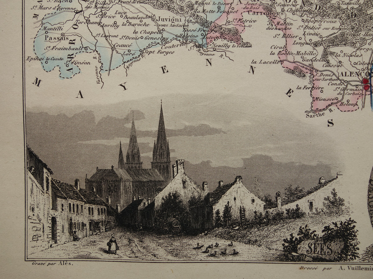 Old map of ORNE department in France from 1856 original antique hand colored map Alençon Fiers Argentan Sees