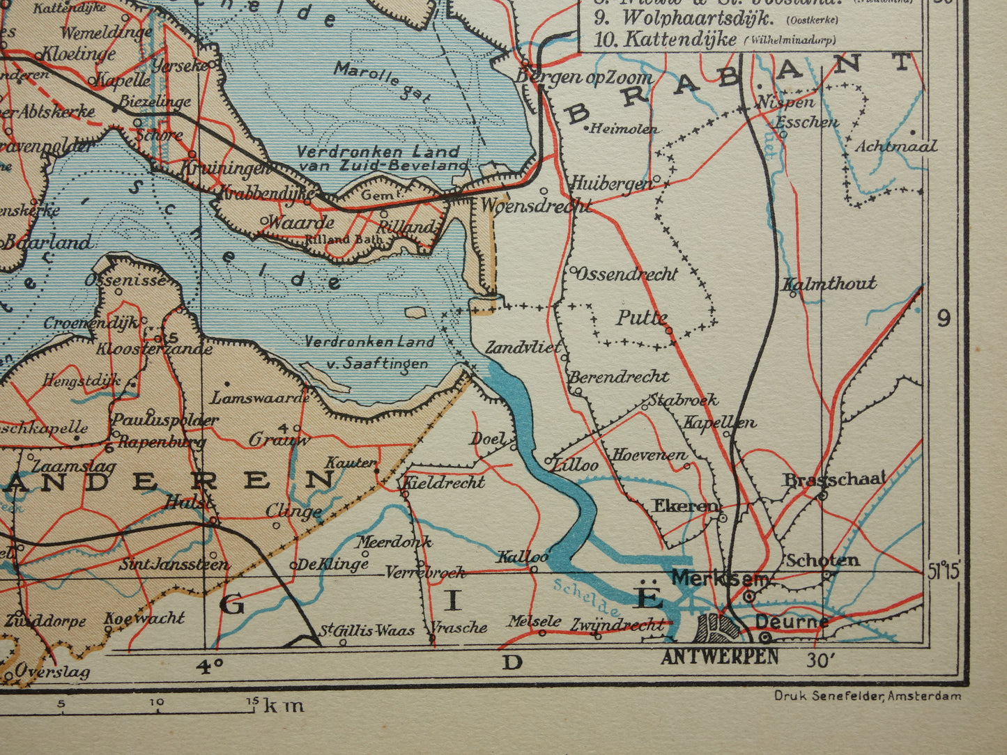 Oude kaart van de provincie Zeeland uit 1938 Kleine vintage landkaart