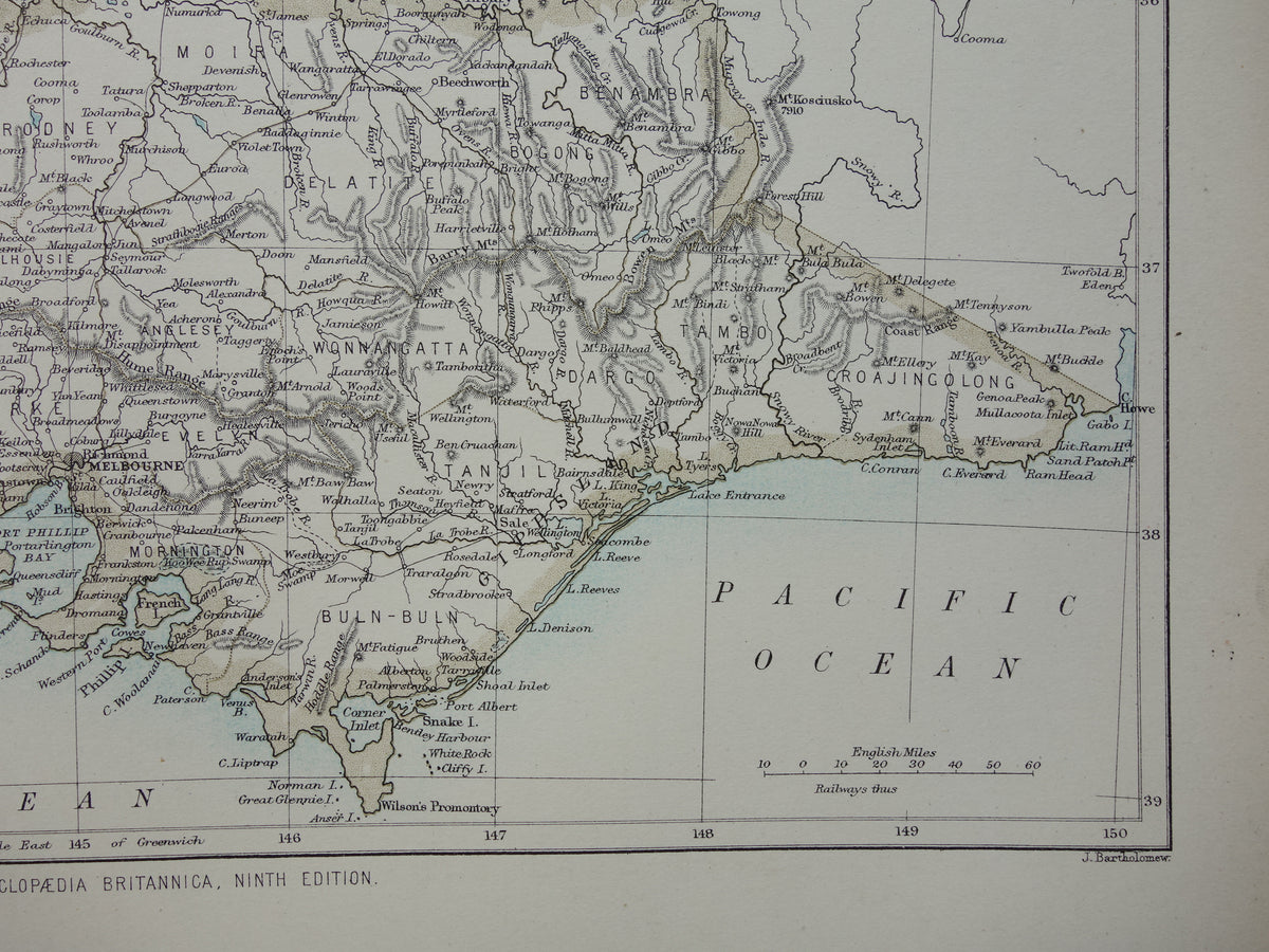 Antieke landkaart van de staat Victoria in Australië 1888 originele oude kaart Melbourne Vic te koop