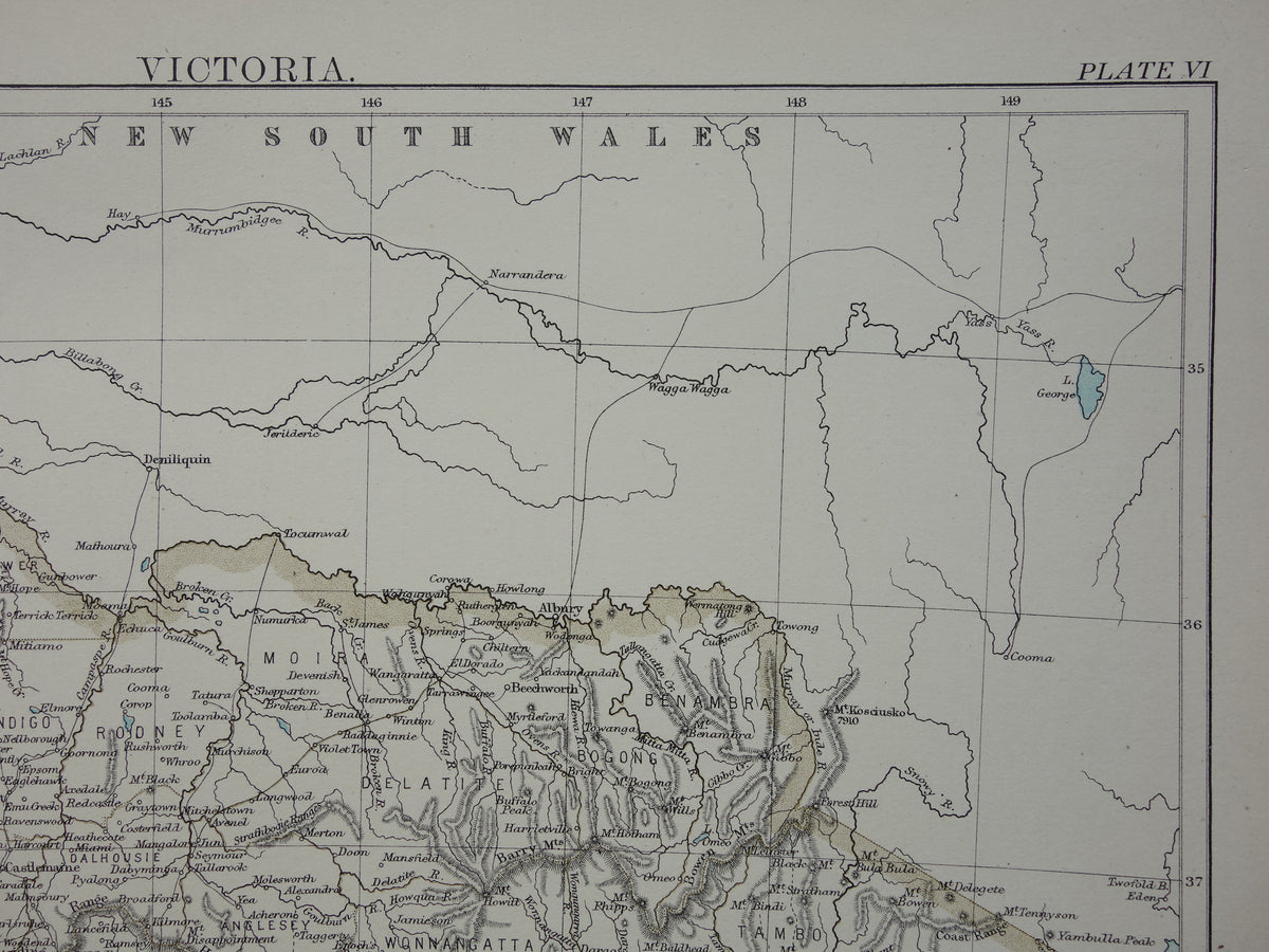 Antieke landkaart van de staat Victoria in Australië 1888 originele oude kaart Melbourne Vic te koop