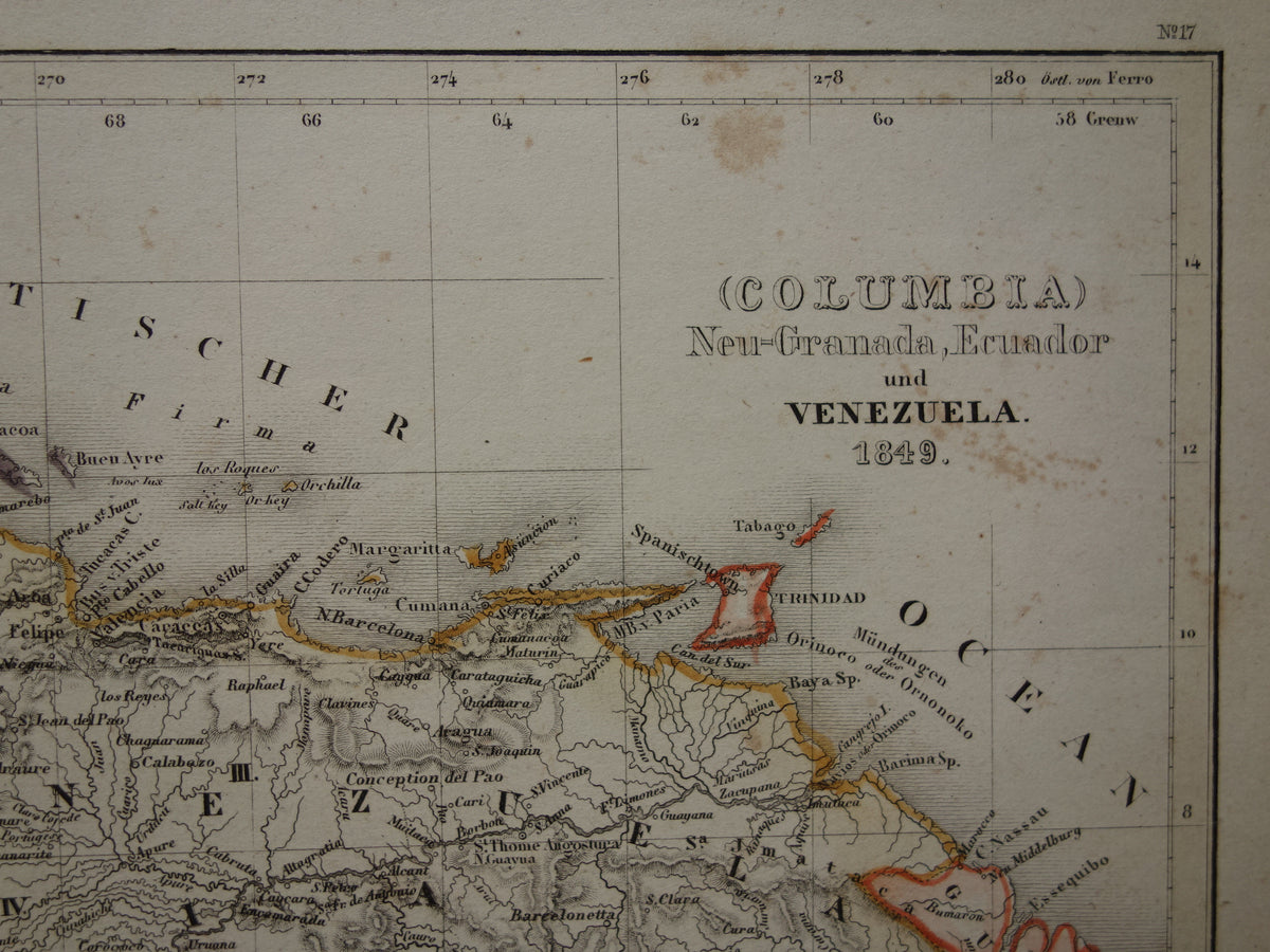 COLOMBIA Old map of Ecuador Venezuela 175+ year old hand-colored map of South America Andes Mountains