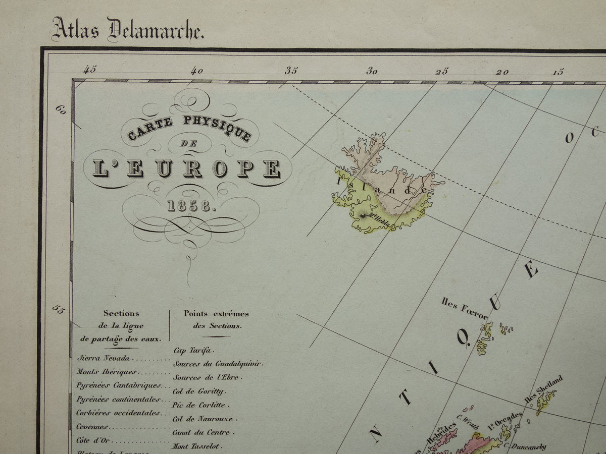 Oude kaart van rivieren in Europa uit 1859 Originele antieke Franse landkaart riviersystemen
