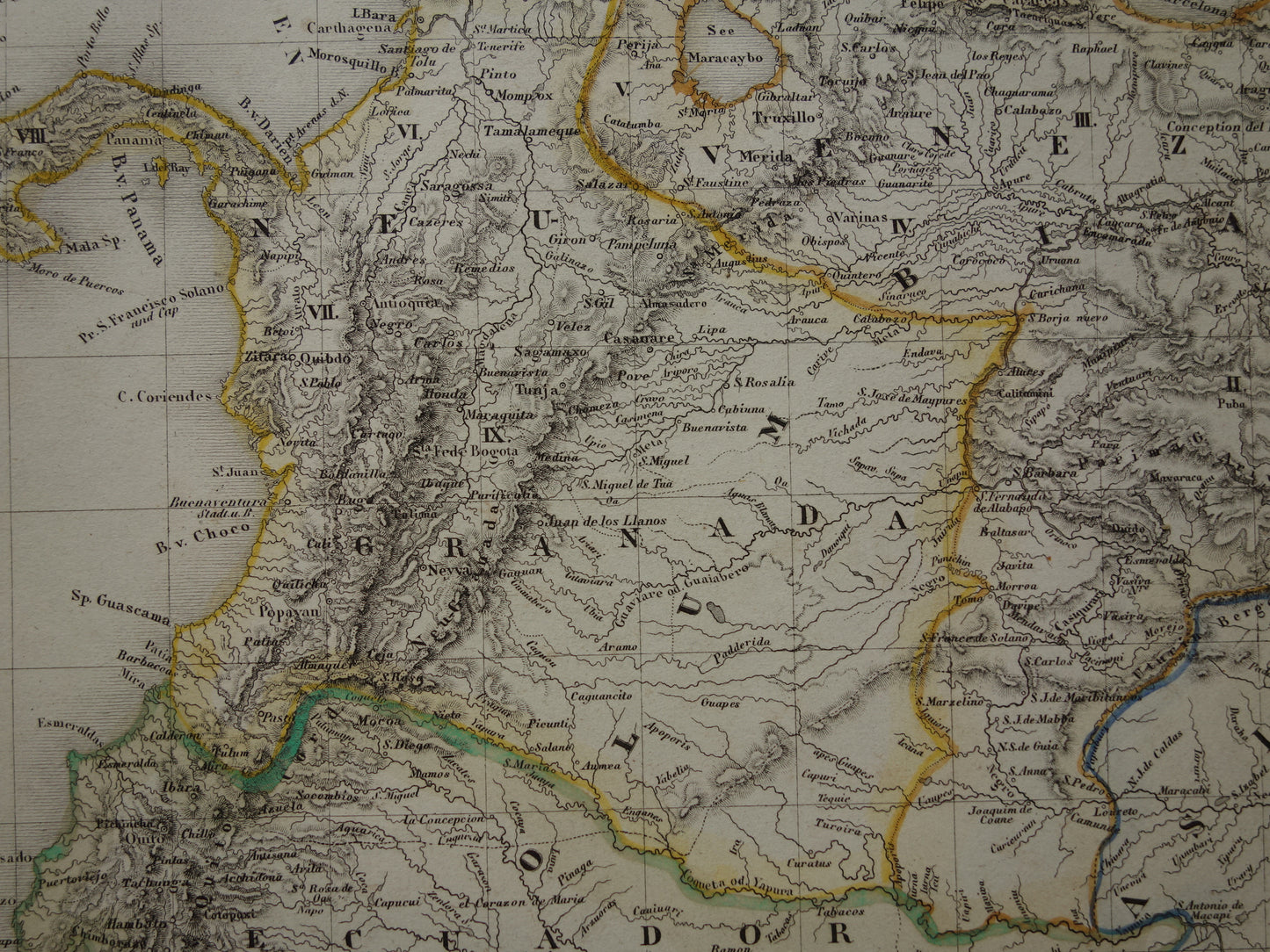 COLOMBIA Old map of Ecuador Venezuela 175+ year old hand-colored map of South America Andes Mountains