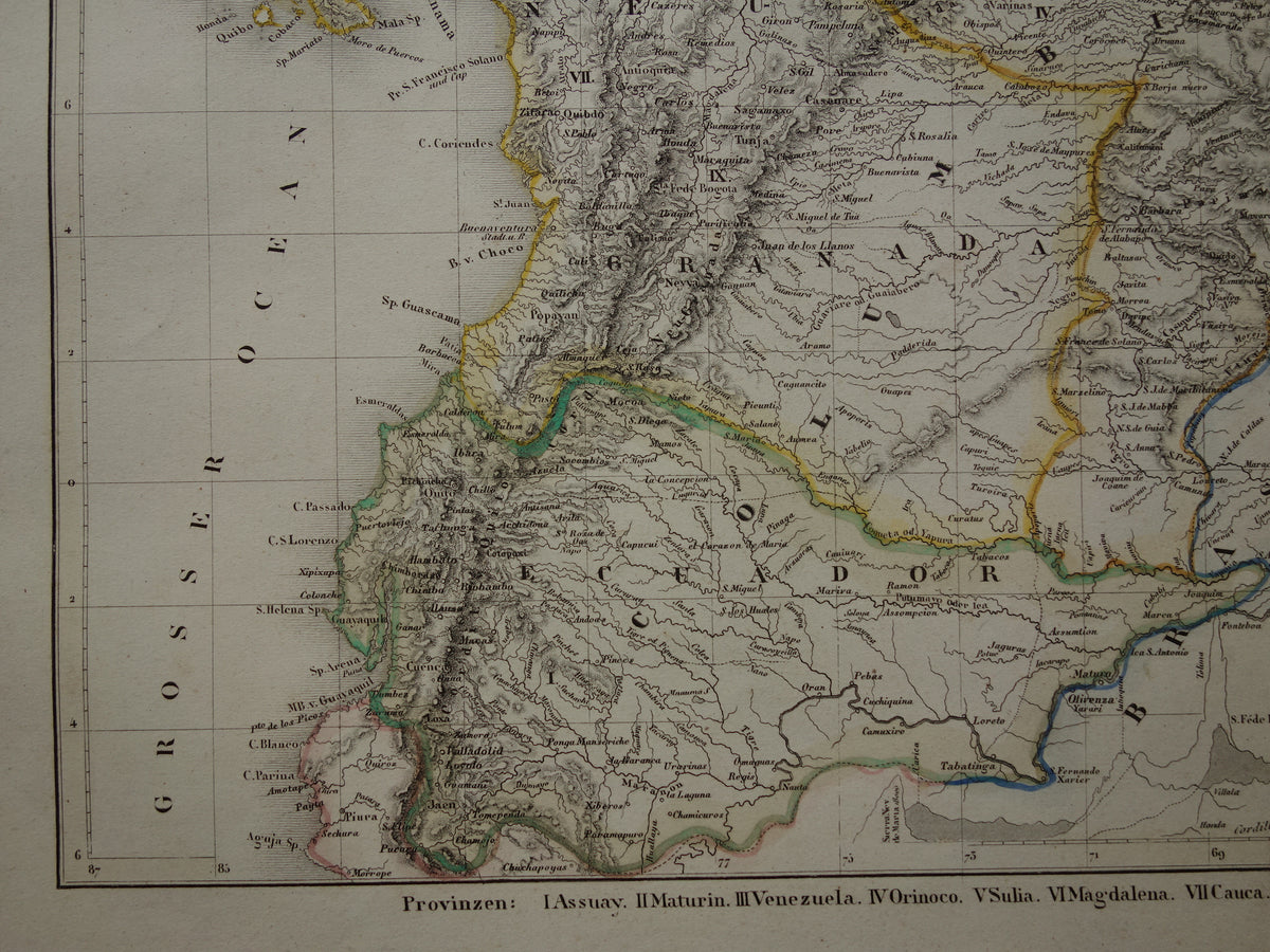 COLOMBIA Old map of Ecuador Venezuela 175+ year old hand-colored map of South America Andes Mountains