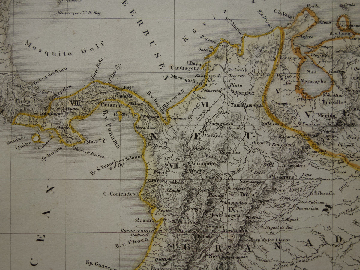 COLOMBIA Old map of Ecuador Venezuela 175+ year old hand-colored map of South America Andes Mountains