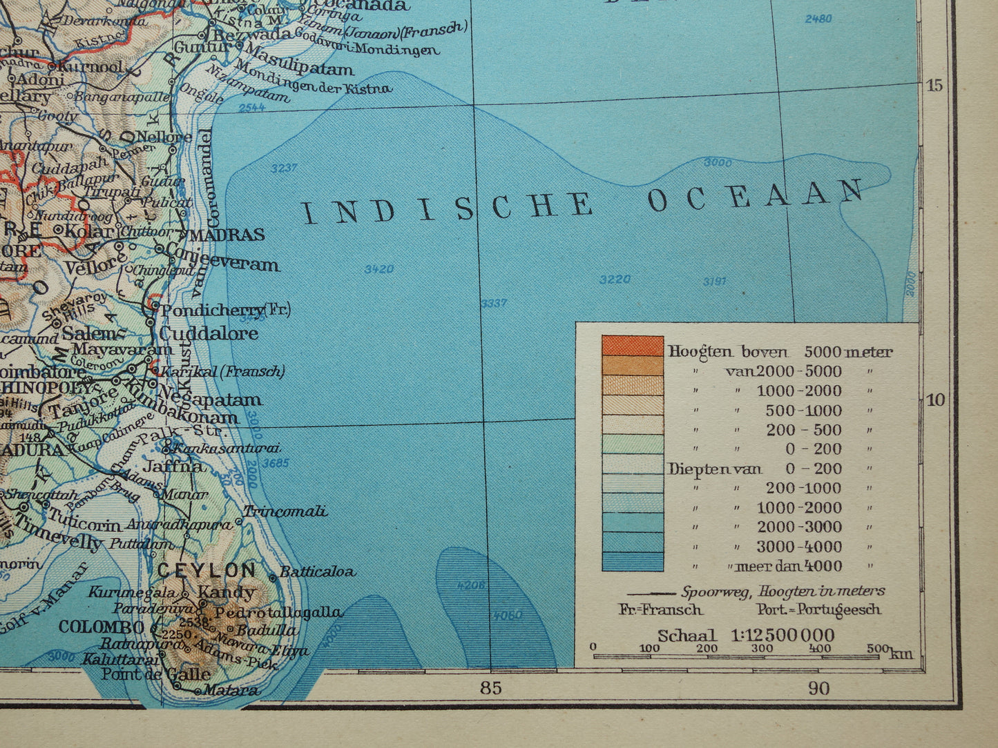 Old map of India from 1938 original vintage Dutch map of India relief map